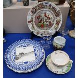 A set of four cockerel painted glasses, a Royal Worcester fishing themed cup and saucer, an