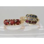 A 9ct ruby, clear gem and sapphire ring size P1/2, and a 9ct gold three red gem set ring size O1/