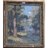 REINHARD W HEINEMANN Trees before a lake, signed, verso, Stockholm, 1933, 53 x 45cm Condition