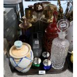 A Whitefriars bark effect decanter, decorative pottery pieces, two brass and glass candle lamps,
