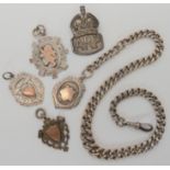 A silver tapered fob chain, silver medallions and a ARP badge Condition Report: No condition