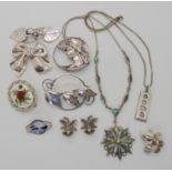 A silver and paua shell necklace, A silver and enamel Norwegian brooch and other items Condition