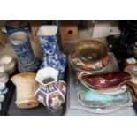 A Losol Ware Cavendish vase, a German blue glazed stoneware jug, a stoneware urn, pottery plates, EP