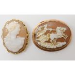 A 9ct gold mounted cameo of a maiden 4.4cm x 3.6cm and a 9ct cameo brooch of a lady in a chariot 4.