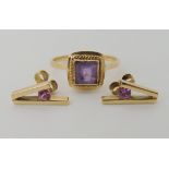 A pair of yellow metal pink gem set earrings together with a yellow metal amethyst set ring, size W,