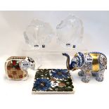 A Royal Crown Derby elephant paperweight with gold stopper, an Italian porcelain elephant, a V & A