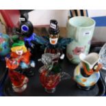 Two Murano glass clowns, a model of a dog, other glassware and two pottery pieces Condition