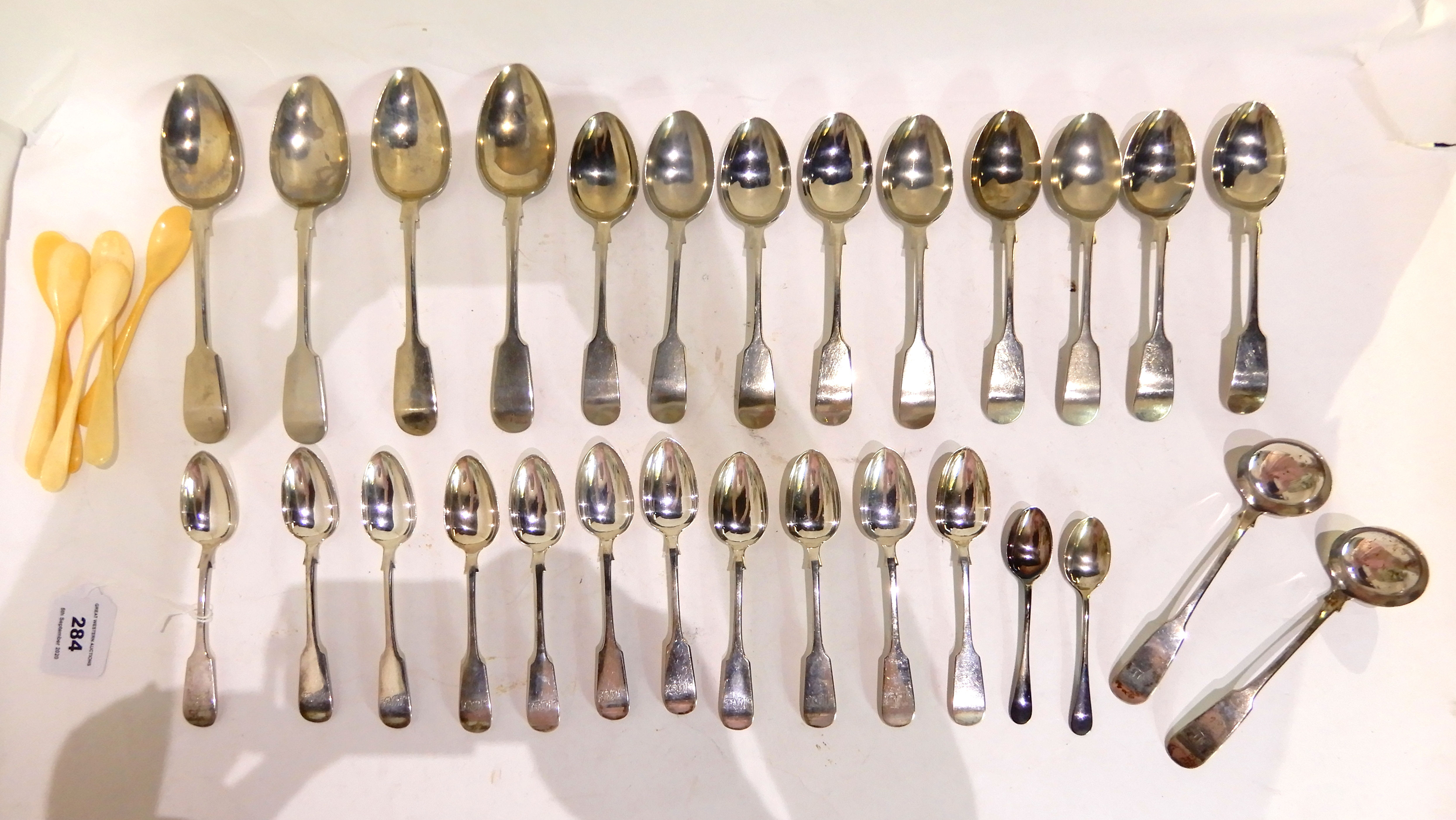 A lot comprising eleven silver teaspoons, Glasgow 1844 (224gms), a quantity of EP spoons, five - Image 2 of 4