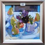 NORMA HANSELL Pansies and Pears, signed, oil on canvas, 30 x 30cm Condition Report: Available upon