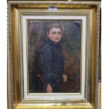 SCOTTISH SCHOOL Portrait of a boy, holding a stick, oil on canvas, laid down, 34 x 25cm Condition