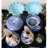 A pair of Keeling and Co jugs, Maling pot and cover, pair of blue satin glass bonbon dishes etc
