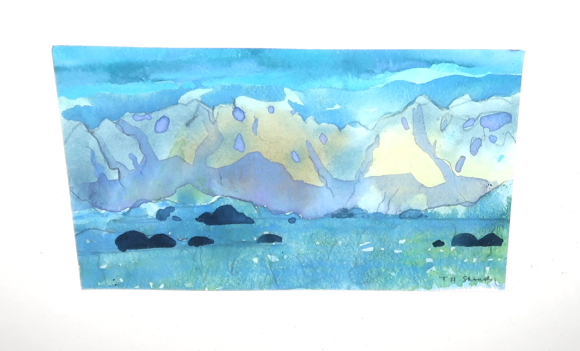 TOM H SHANKS RSW, RGI, PAI Mountainous landscape, signed, watercolour, 14 x 23cm Condition Report: