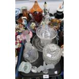 A Murano colourful glass clown, art glass dishes, glass fish, Mary Gregory decanter and other