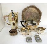 A lot comprising a three piece EP tea service, coffee pot, salver etc Condition Report: Available