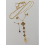 A 9ct gold citrine drop pendant necklace, a single sapphire drop earring, weight combined 5.7gms