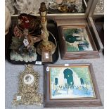 A Capodimonte group of a man on a bench, a brass frame, Carlton Ware dishes etc Condition Report: No