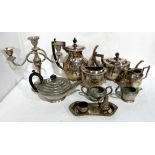A tray lot of EP and pewter, tea services, candleholder Condition Report: Available upon request
