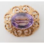 A 9ct gold amethyst set brooch, amethyst approx 18mm x 13mm, weight 9gms Condition Report: Available