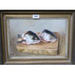 OLIVE PETTIT Fish heads, monogrammed, oil on board, 24 x 35cm and First frost on Cotswold, oil on