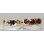 A 9ct gold three garnet ring size R, together with a yellow metal sapphire ring size Q, weight
