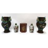 A pair of Chinese enamelled vases, a pair of cloisonne snuffs and a hexagonal pot and cover