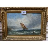 SCOTTISH SCHOOL Fishing boat on a stormy sea, oil on canvas, 19 x 29cm and J WELSH River