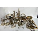 A tray lot of EP - bowl, sauceboats, candlesticks, loose cutlery etc Condition Report: Available