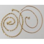 A 9ct gold fancy trace chain length 46cm, and a 9ct fancy box chain length 39cm, weight combined