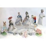 Four Lladro figures, three geese figures, large Beswick centenary Jemima Puddleduck and Peter Rabbit