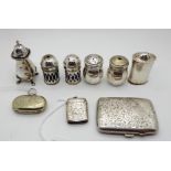 A lot comprising two silver pepperettes, a silver cigarette case, a vesta and a sovereign case and