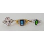 A 9k white gold Russian diopside and white topaz ring size O, a 9ct pink morganite and white topaz