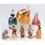Three Royal Doulton figures, three Bunnykins figures and two Beatrix Potter figures Condition