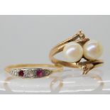 An 18ct gold ruby and diamond ring size O1/2, weight 1.5gms, together with a 9ctgold pearl ring size