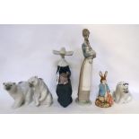 Five Lladro figures including three polar bears and a Beswick Beatrix Potter figure of Peter