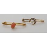 A bright yellow metal coral set brooch, length 3.1cm, together with a yellow metal pearl set