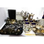 A lot comprising two trays of EP - teapot, jug, sauceboats, salts, cased and loose cutlery, cheese