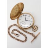 A 9CT GOLD OMEGA FULL HUNTER POCKET WATCH AND CHAIN with white enameled dial, subsidiary seconds