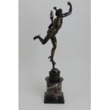 AFTER GIAMBOLOGNA - A 19TH CENTURY BRONZE FIGURE OF MERCURY upon cylindrical marble base, 72cm