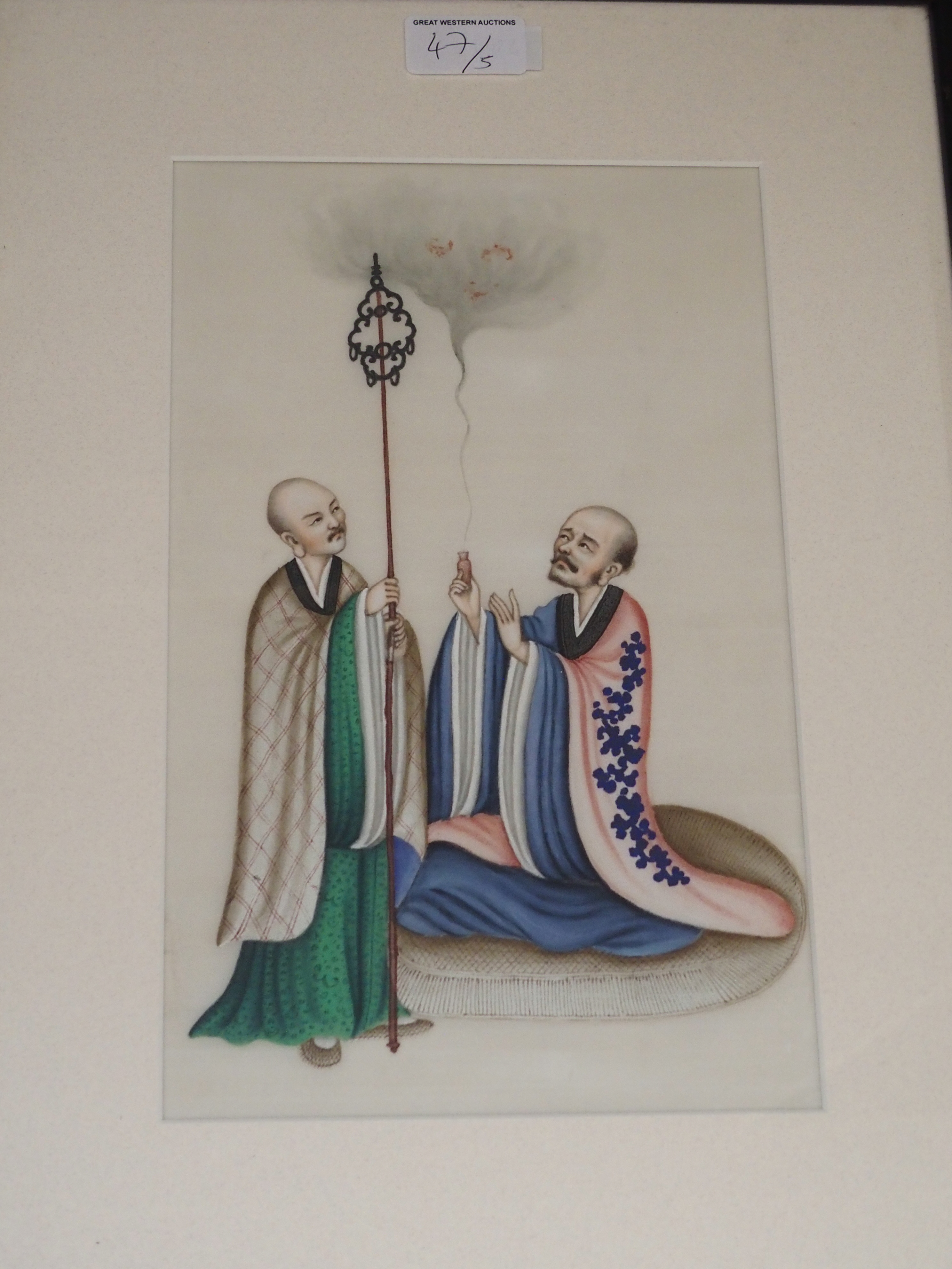 A CHINESE EXPORT RICE PAPER PAINTING the watercolour depicting two mystics, 29 x 18cm, figures in - Image 6 of 7