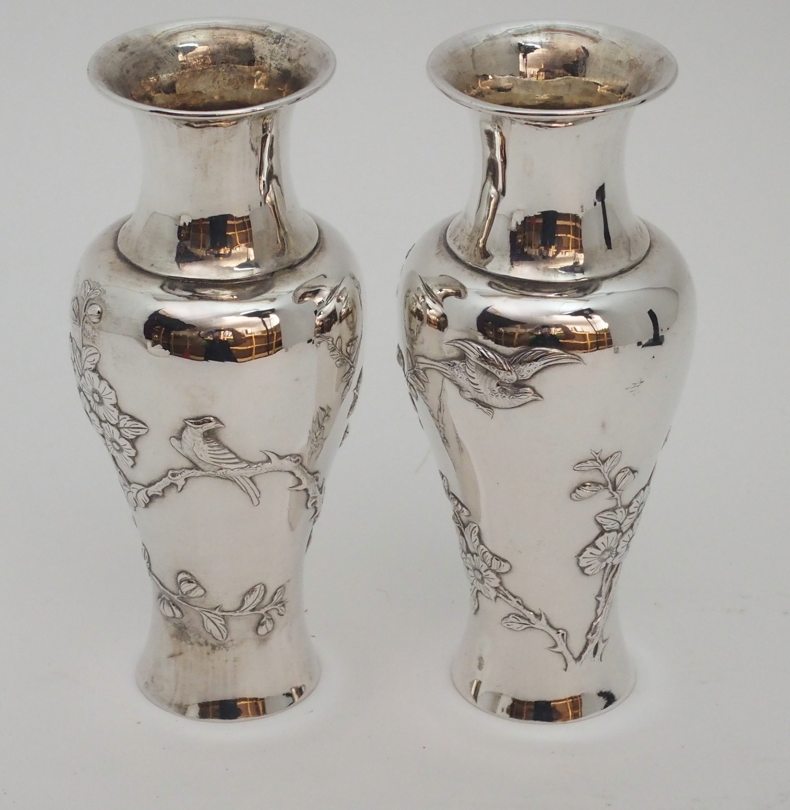 A PAIR OF CHINESE SILVER BALUSTER VASES decorated with birds amongst flowering branches, stamped - Image 4 of 8