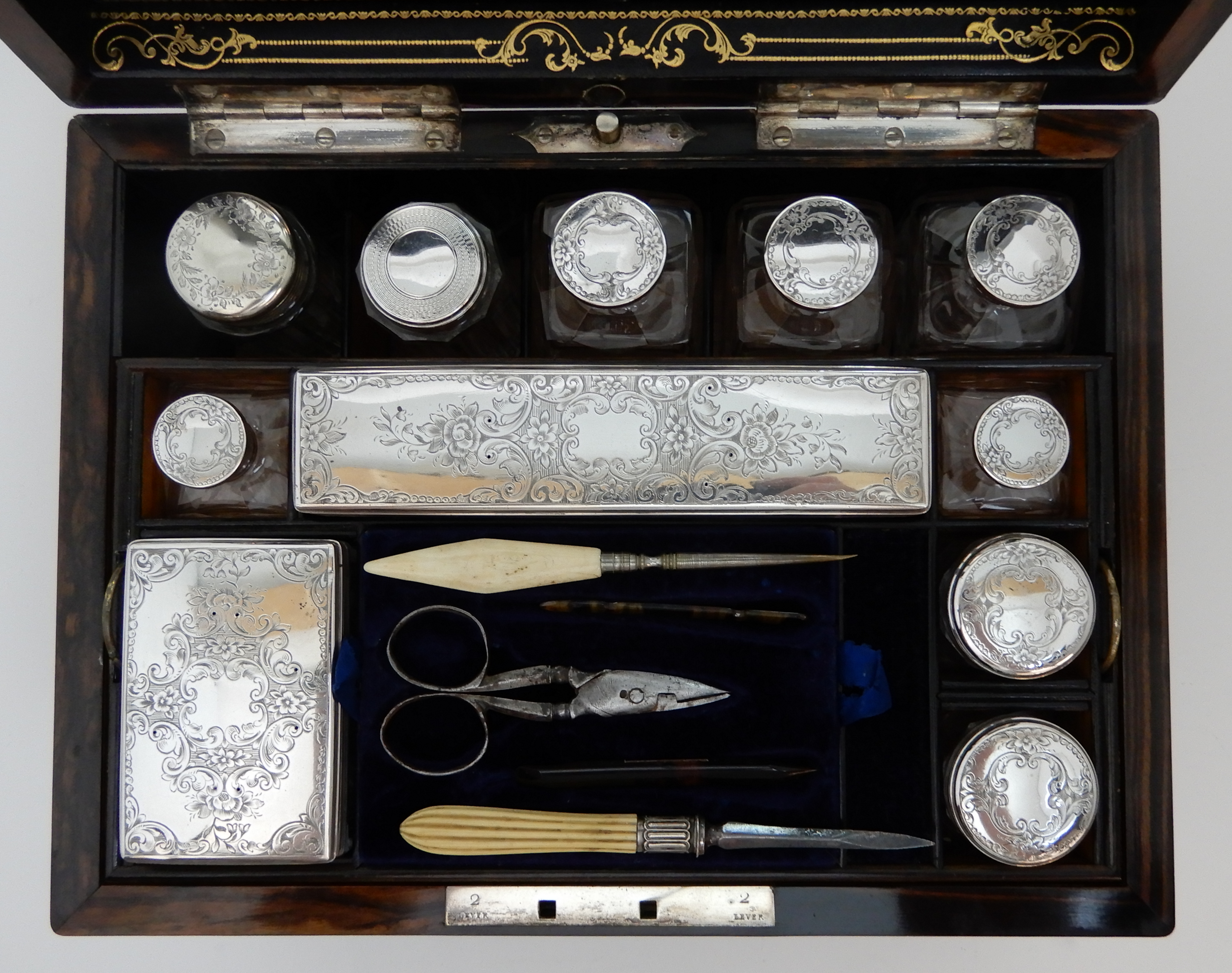 A VICTORIAN COROMANDEL TOILET BOX the interior fitted with silver topped jars and bottles by - Image 2 of 14