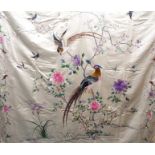 KAM SUN CO SILK BED COVERS The cream silk and brightly coloured bed spread woven with exotic birds