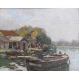 ROBERT MCGOWN COVENTRY ARSA, RSW (SCOTTISH 1855-1941) BARGES ON A RIVER LANDSCAPE Oil on panel,