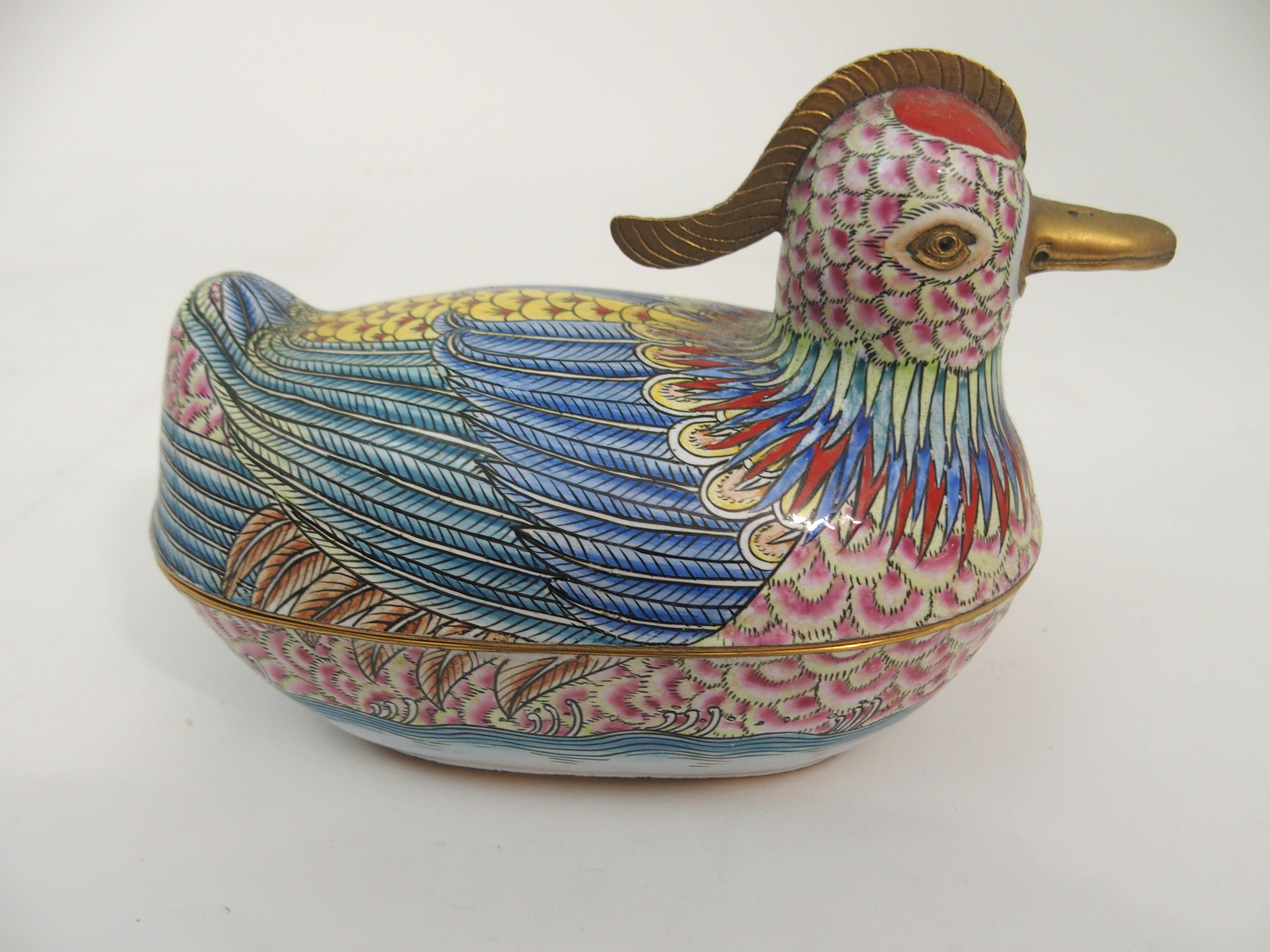 A PAIR OF CANTON ENAMEL MANDARIN DUCK TUREENS each painted with bright colours and with brass - Image 2 of 12