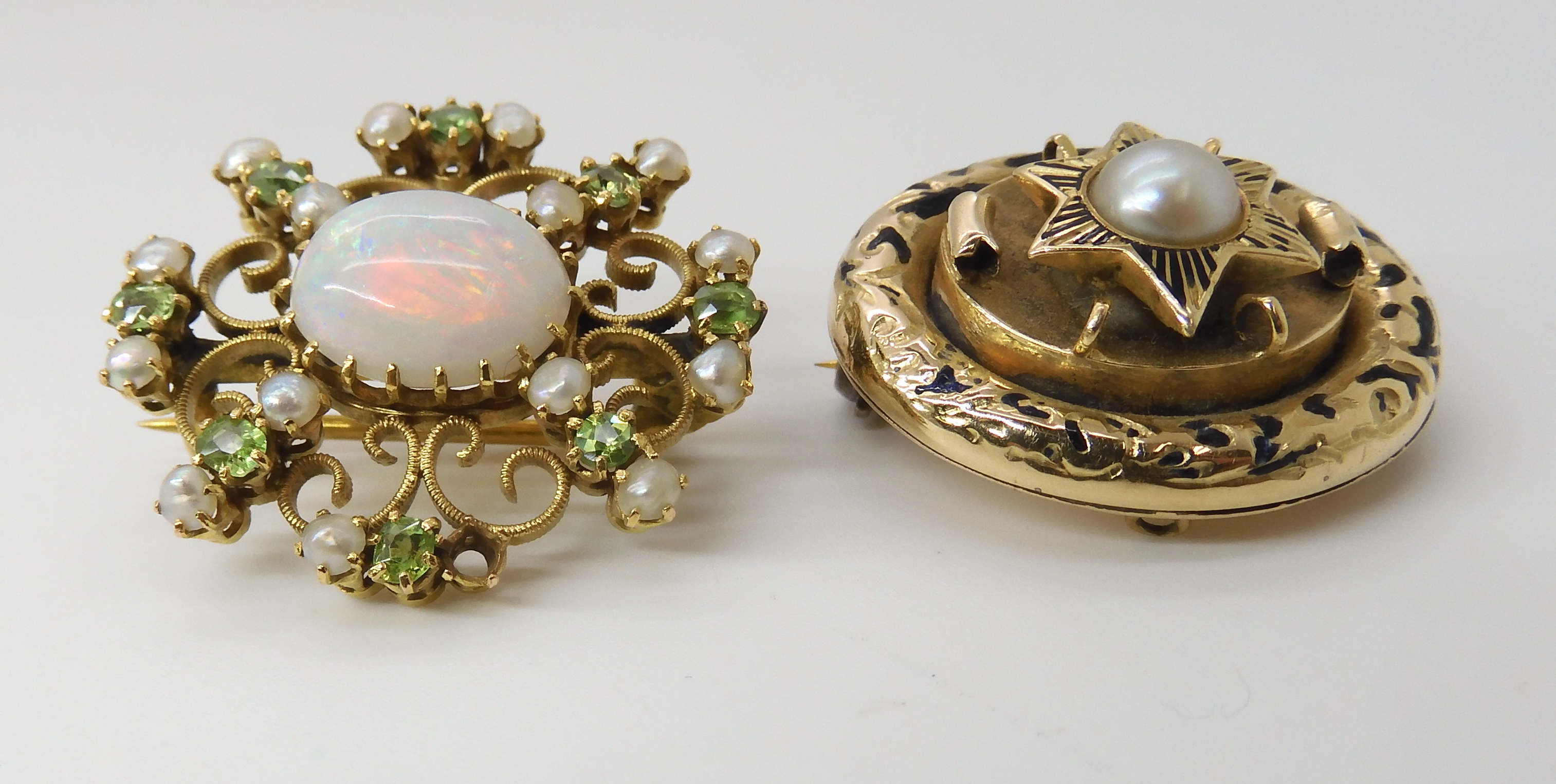 TWO VINTAGE BROOCHES a yellow metal filigree example set with a white opal, demantoid garnets and - Image 2 of 6