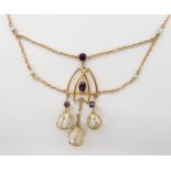 A BRIGHT YELLOW METAL AMETHYST AND PEARL NECKLET the pearls are free-form freshwater pearls possibly