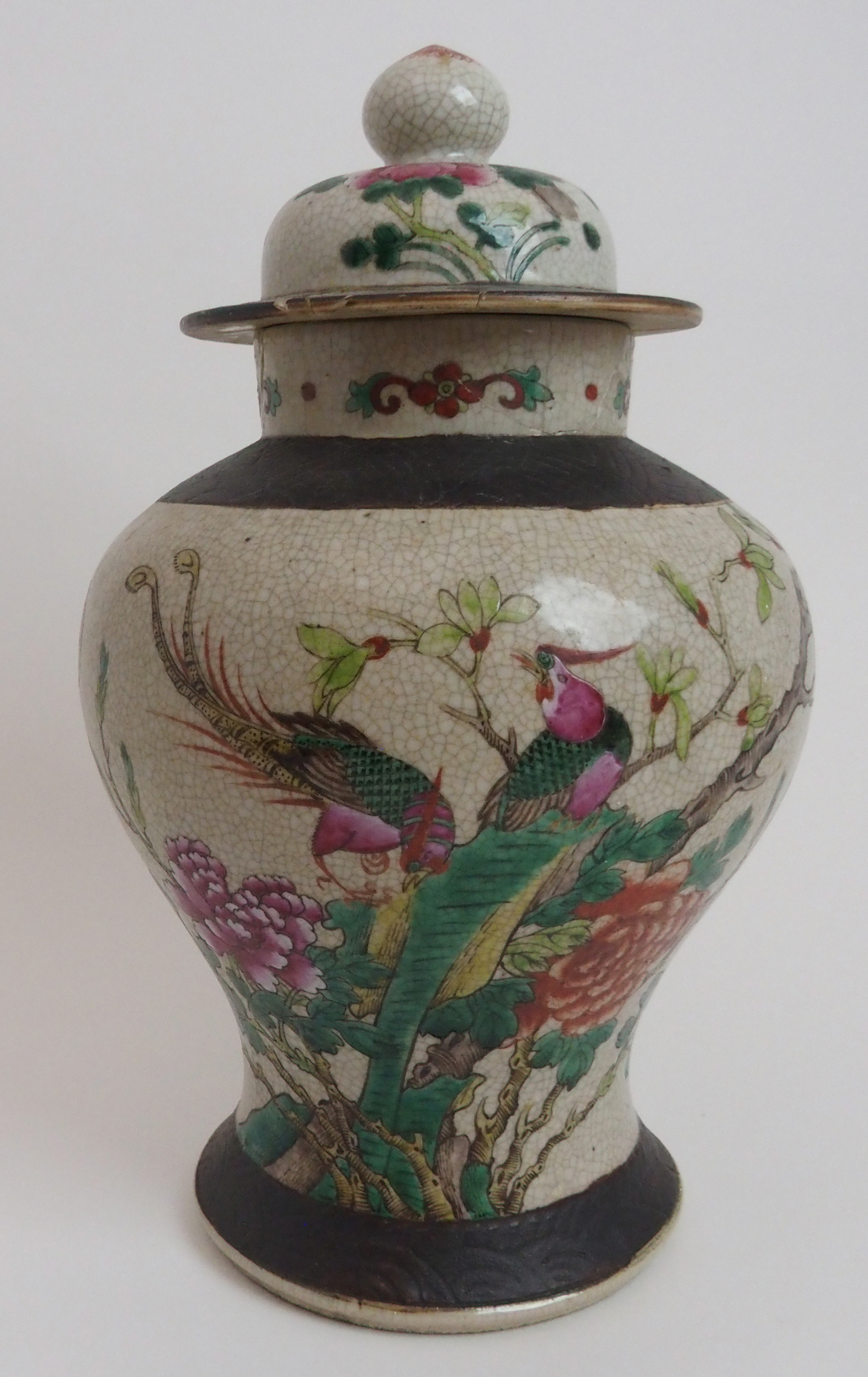 A CHINESE FAMILLE ROSE CRACKLEWARE JAR AND COVER painted with birds amongst foliage issuing from - Image 2 of 10