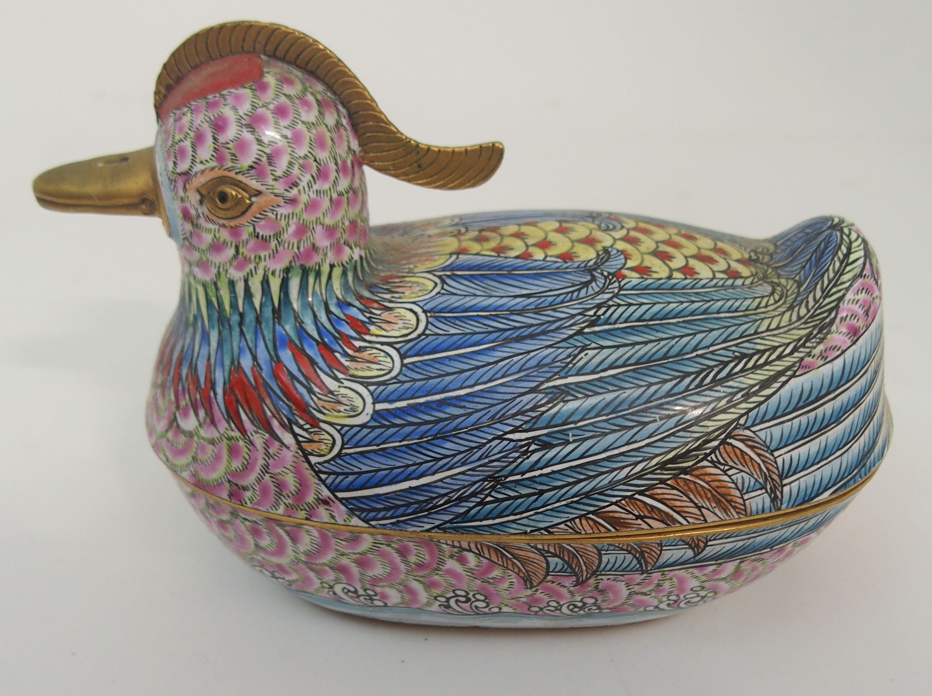 A PAIR OF CANTON ENAMEL MANDARIN DUCK TUREENS each painted with bright colours and with brass - Image 6 of 12