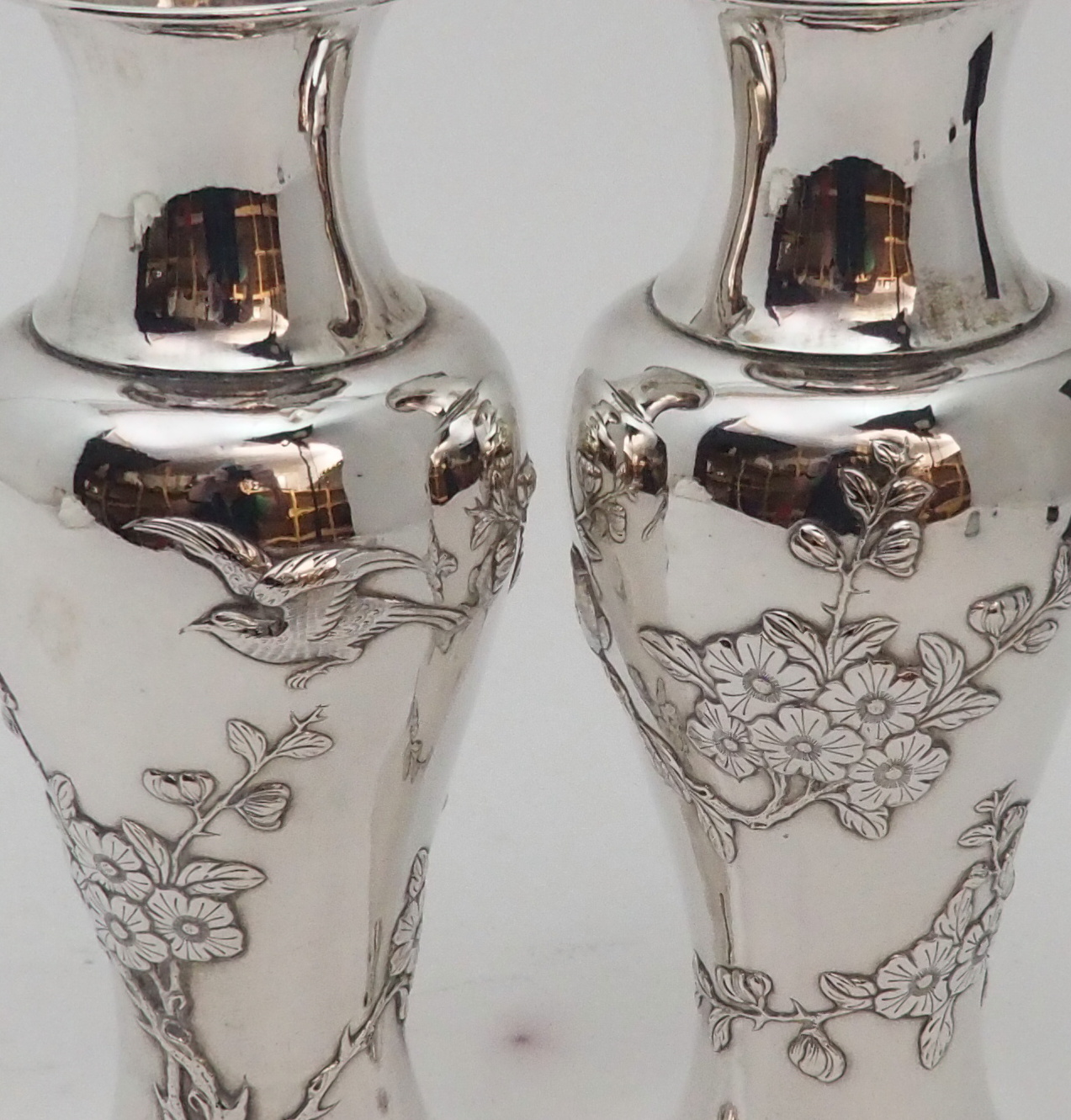 A PAIR OF CHINESE SILVER BALUSTER VASES decorated with birds amongst flowering branches, stamped - Image 2 of 8