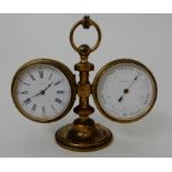 A 19TH CENTURY TRAVELLING CLOCK/BAROMETER AND THERMOMETER with titling faces mounted in a gilded